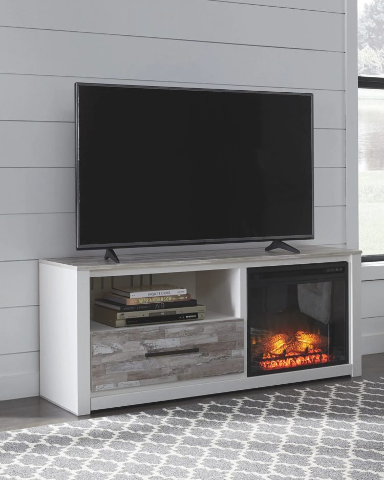 mirrored tv stand with fireplace
