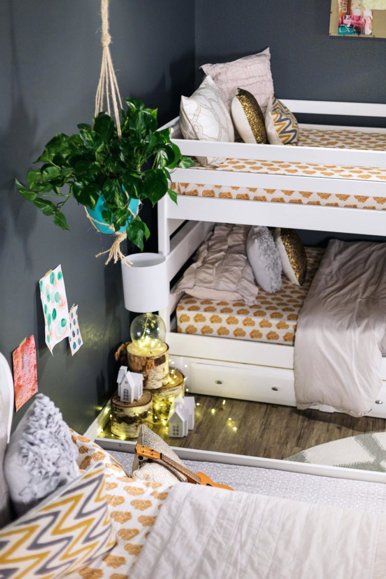 gray twin over full bunk bed with stairs